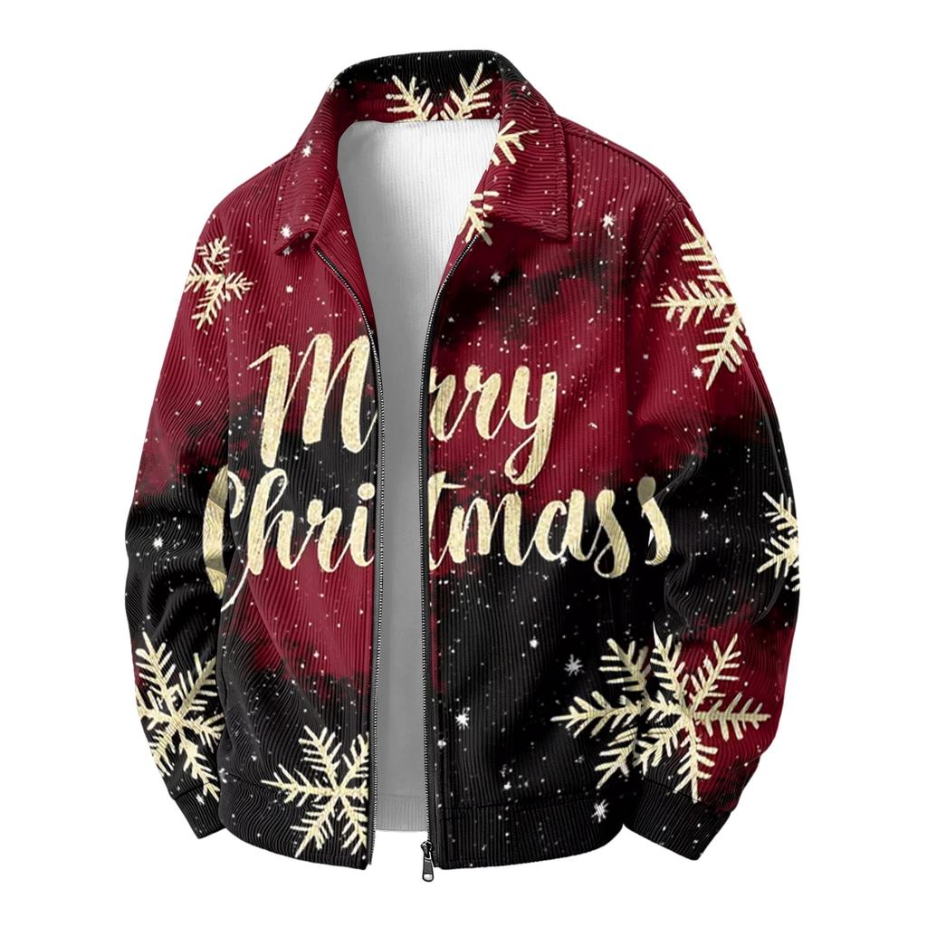 Men's Christmas Print Zip-Up Jacket with Collar, Loose Fit Casual Outerwear for Holiday Parties