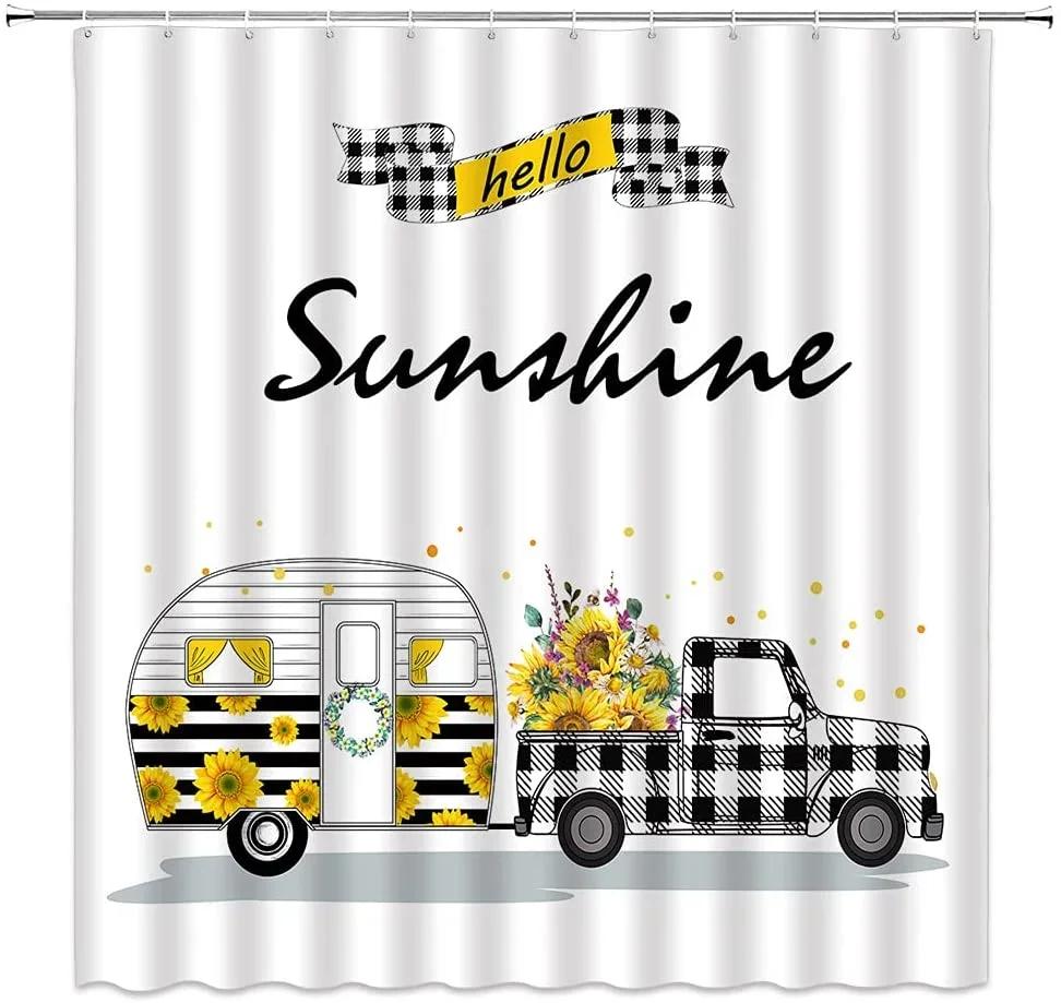 Kreatywne Zasłony Prysznicowe Camper Słoneczniki Czarno-Biała Krata Buffalo Ciężarówka Akwarelowe Kwiaty Zasłona Materiałowa do Kąpieli Dekoracja Łazienki