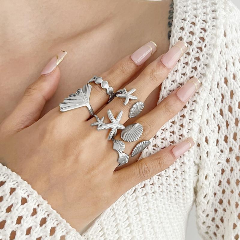 6 Piece Marine Summer Jewelry Adjustable Rings Set Starfish Shell Design Alloy Stackable Gift for Her Beach Holiday