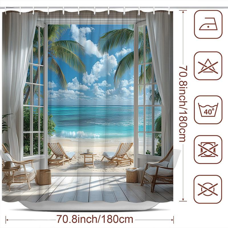 1 Stück Sommer Strand Duschvorhang, Ozean Mittelmeer Landschaft Strand Natur Landschaft Tropische Palmenpflanzen, Modern Für Zuhause