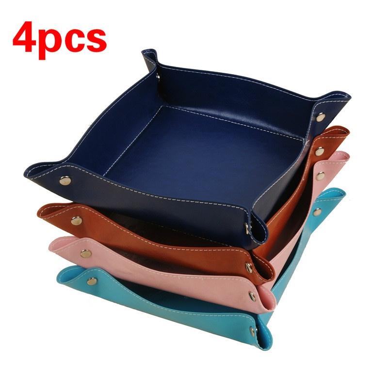 4PCS Creative Office Desk Storage Tray PU Folding Imitation Leather Tray Sundries Key Snack Decorati