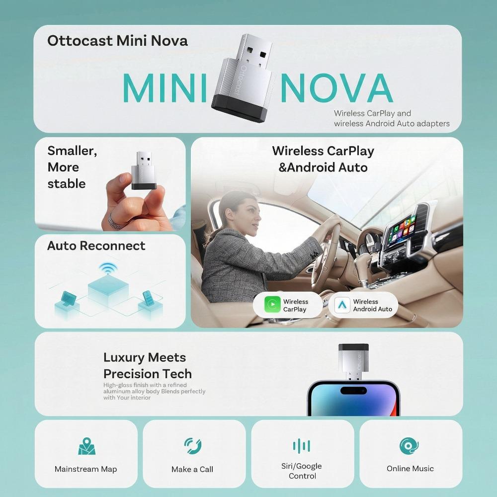 2026 NEW OTTOCAST 2 in 1 MINI NOVA Wired To Wireless CarPlay Android Auto Adapter Plug and Play