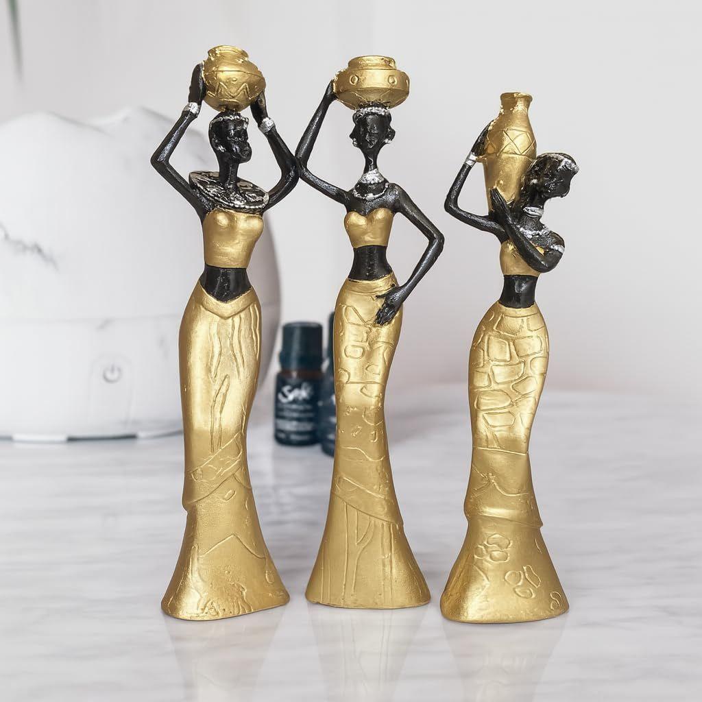 Beautiful New Golden & Black African Women for Home Decor (Pack of 3, Golden & Black)