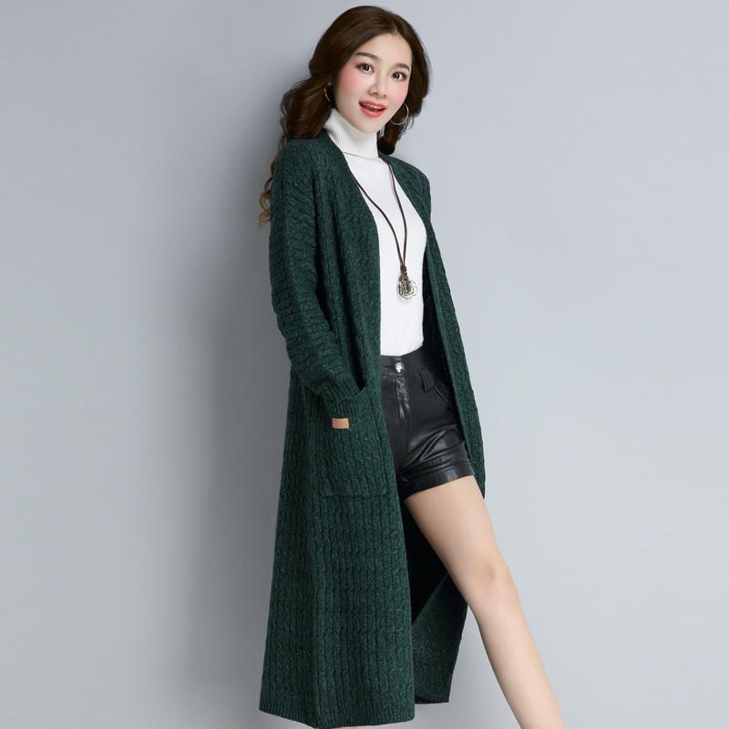

Long Sweater Cardigan for Women Korean-style Loose Knitted Coat Stylish Spring and Autumn Long-sleeved Knitted Cardigan 3XL зелёный