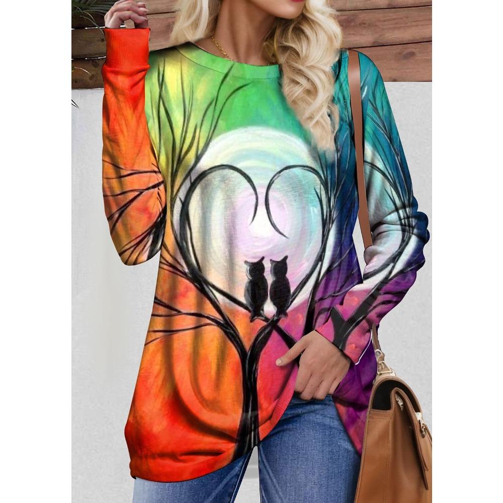 

Весенне-осенний топ с круглым вырезом, 3D-графикой совы и дерева в форме сердца, модная повседневная женская футболка с длинным рукавом 5XL