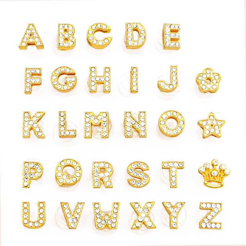 New Gold Letter Alphabet Shoes Charms Metal Button Rhinestone Crown Shoe Decorations Garden Shoes Accessories for Women Man 1PCS