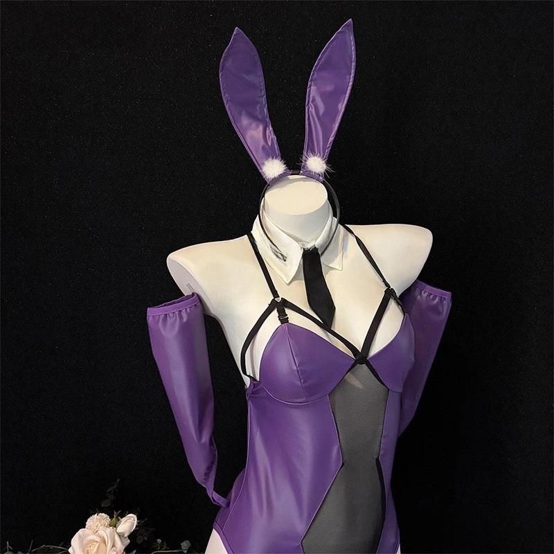 Cute Sexy Anime Bunny Girl Costumes Women Leather Mesh Purple Bodysuit School Girl Underwear Nightdress Outfit Halloween Clothes