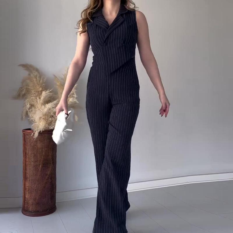 

Европейский и американский летний комплект в полоску: Короткий жилет и длинные брюки широкого кроя для женщин, коллекция 2024 Extra Small чёрный