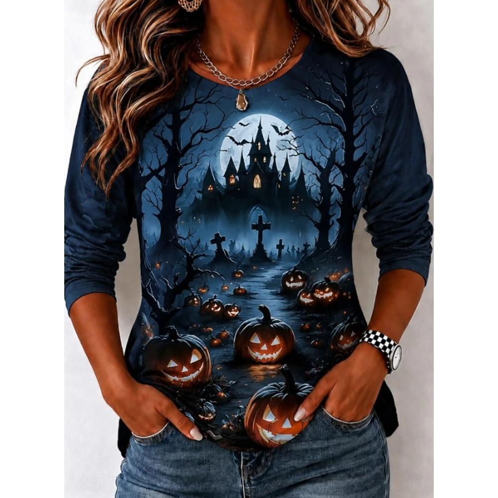 Tops for Women Halloween Print Round Neck Long Sleeve T-shirt Fall Casual Slim Pullover Women's Long Sleeve Top