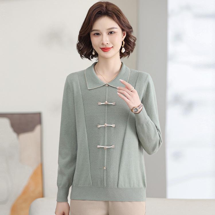 Mom's Autumn Clothes New Chinese Lapel Knitted Shirt Fashionable Middle-aged and Elderly Women's Spring and Autumn Long-sleeved Sweater Base Shirt Top