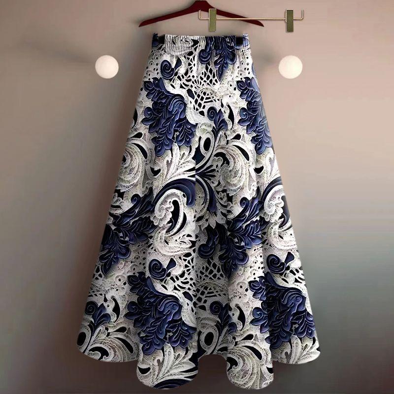 

Skirt Women s Skirt 2025 New Arrival Western Style Printed Large Swing Skirt Slim Looking Drape over the Knee Flab Hiding High-Waisted Skirt BW-138 Blue 3XL(Recommended weight: 130-145)