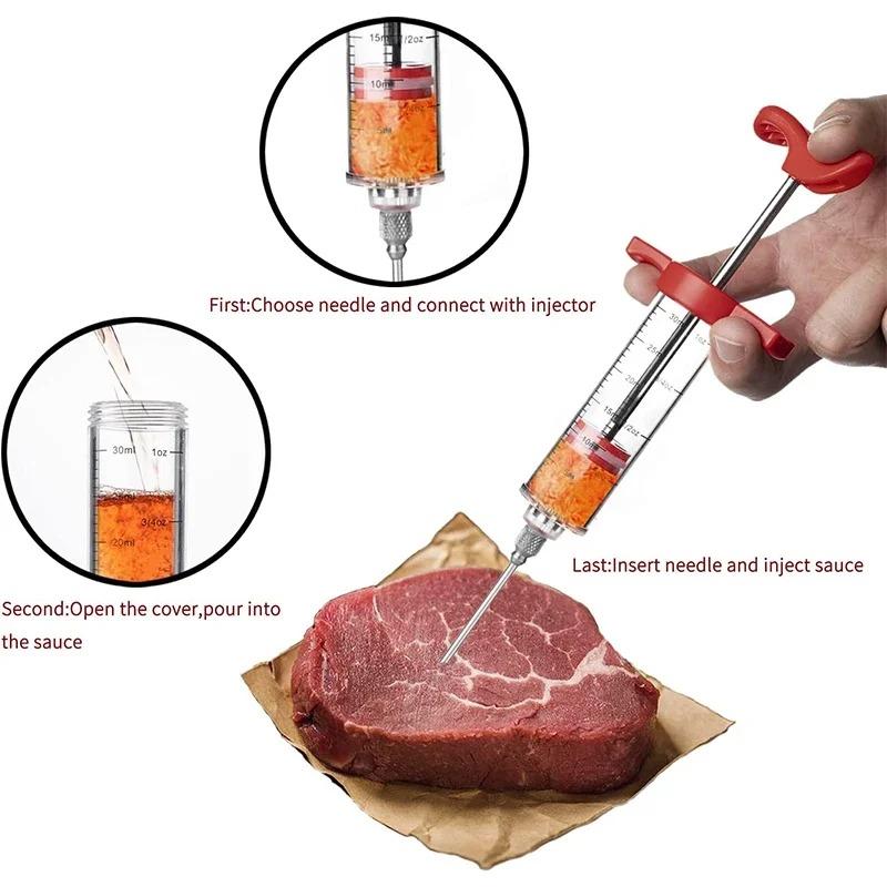 Vleesinjector Spuit met 3 Roestvrijstalen Naalden voor BBQ Grill Kalkoen Kip Marinade Smaak Injector Kit Kookgerei