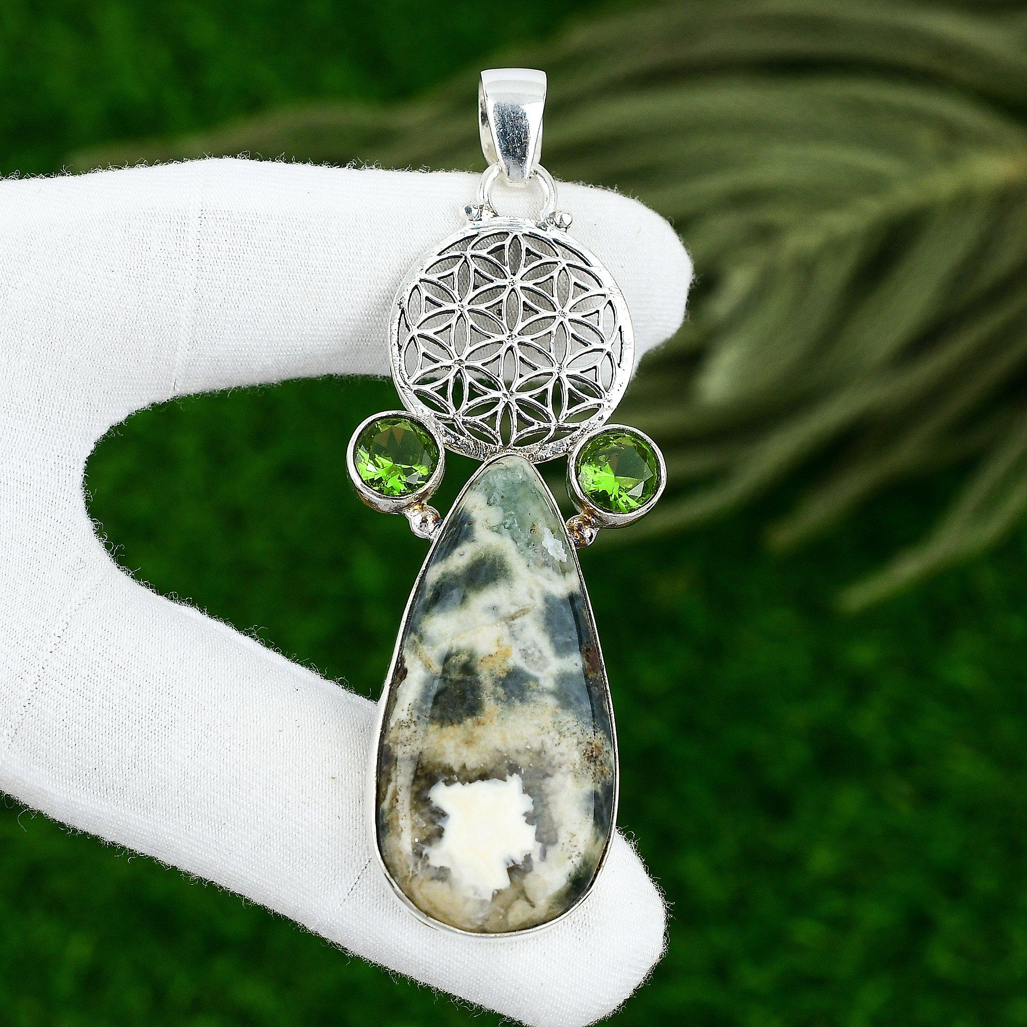 

Груша Океанический Яшма Камень Перидот Серебро 925 пробы Сестра Ручная работа Уникальный Безель Подвеска