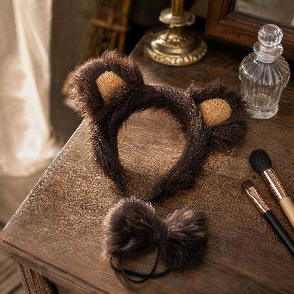 Furry Brown Bear Ears Headband Set for Costume Party Theme Events