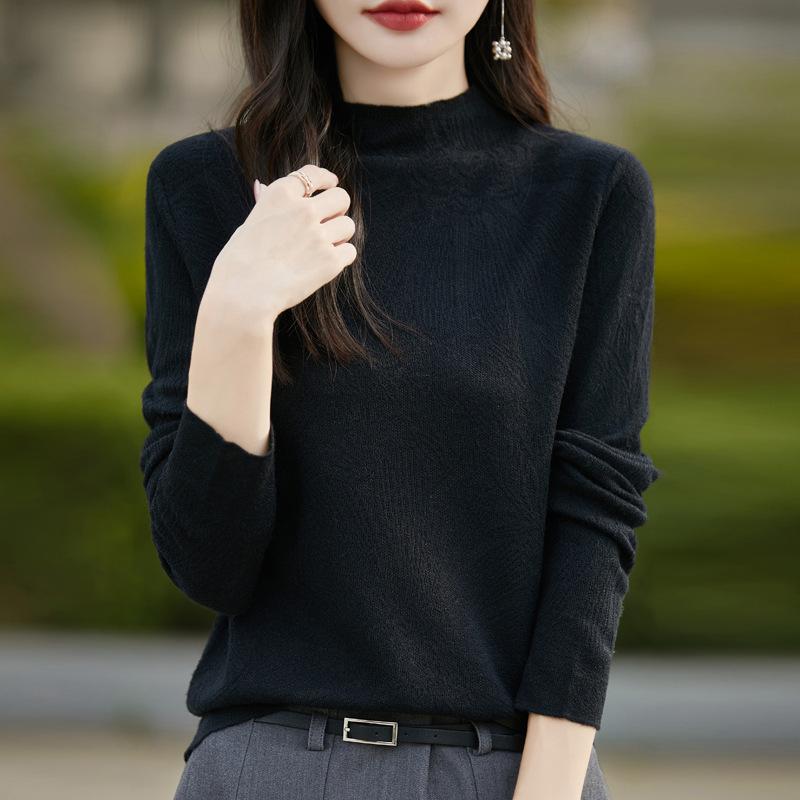 Women's Korean-Style Wool Knit Sweater - Autumn Collection, Half-High Neck, Carved Design