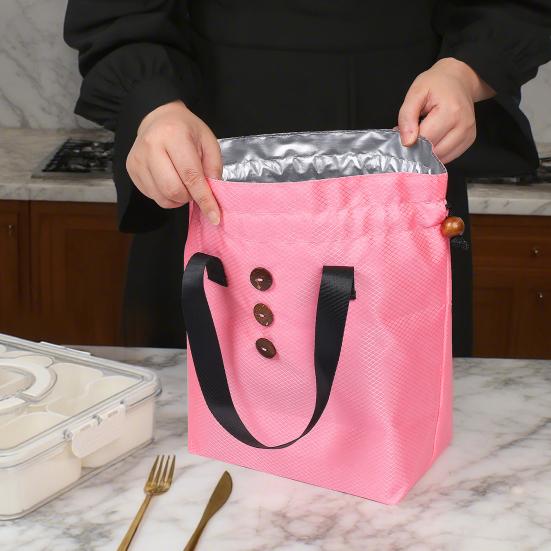 Insulated Lunch Bag Bento Storage Organizer with Drawstring Cuff Large Capacity Waterproof Bento Lunch Handbag with Handle