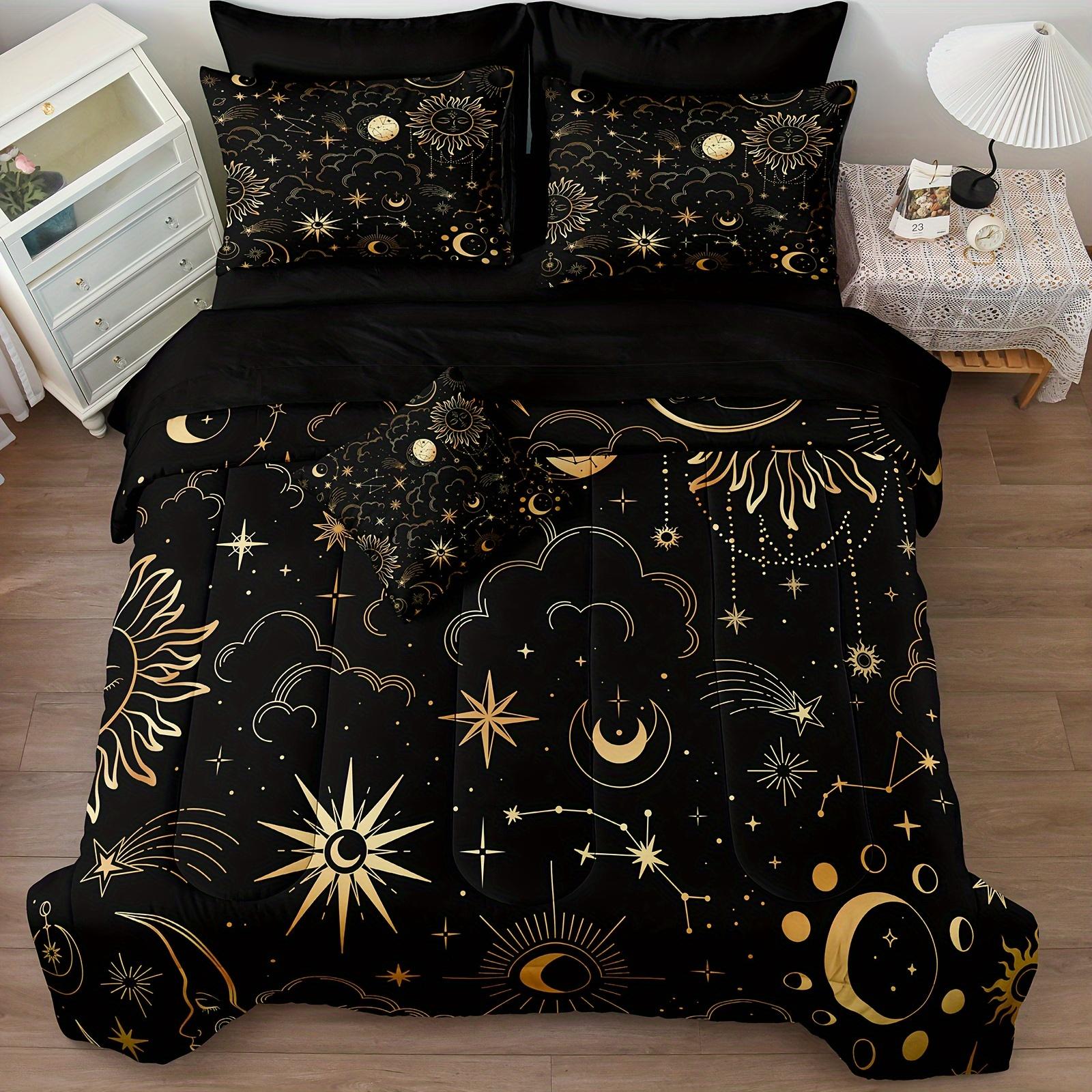 

Black Golden Quilt Set 3/4pcs Set Sun and Moon Large Bag Bedding Set Posy Bedding Set Mandela Quilt Cover 100% Soft Microfiber US Twin(172x218cm)