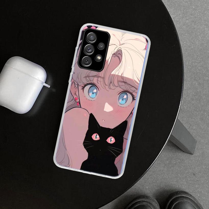 Anime Girls Cute Black Cat Phone Case Cover for Samsung Galaxy A12 A22 A32 A52 A72 A02S A51 A50S A31 A20S A10S Note 20 Ultra 10