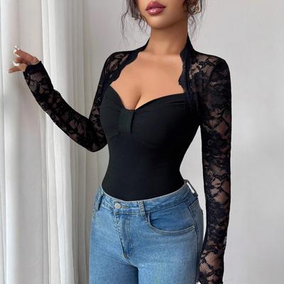 Nuovo Stile Primavera Maglia Ricamata in Pizzo a Maniche Lunghe aderente Snellente T-shirt per Donna