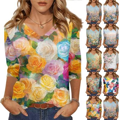 Women's Tops Three-quarter Sleeve Shirt V-neck Loose Casual Shirt Floral Print T-shirt