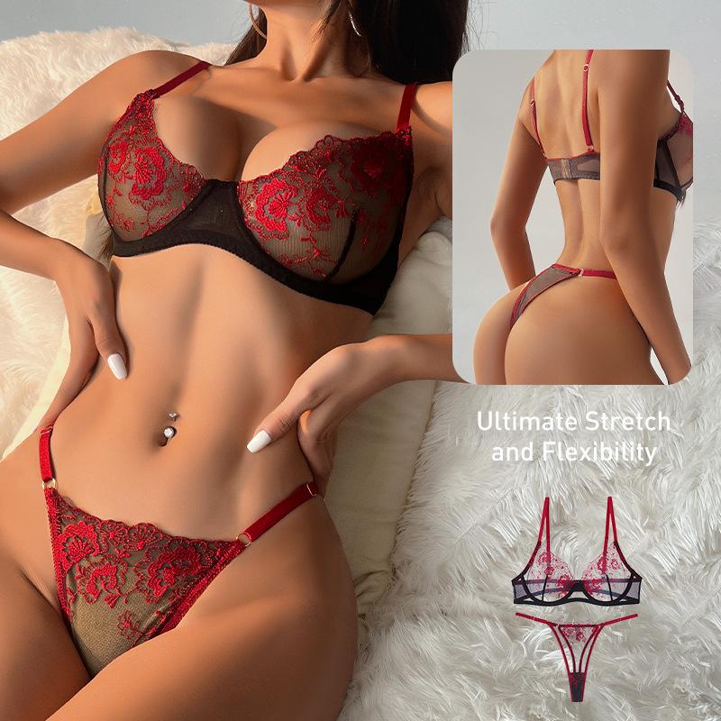 European & American Floral Embroidered Lingerie Set: Sexy Thin Bra with Side Support & Breathable Panties