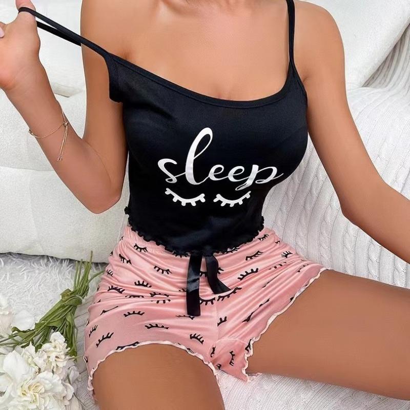 Women's Milk Silk Print Pajama Sleeveless Camisole Shorts Comfortable Sleepwear Loungewear Homewear Nightwear
