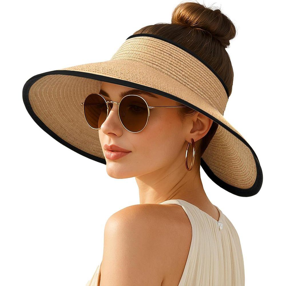 Zealous Sole Women's Wide Brim Sun Visor Hats For With Ponytail Hole, Ideal For Beach Wear Cm