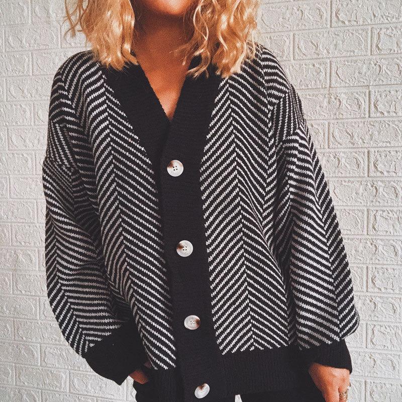 Striped Knitted Cardigan Women's Loose Sweater Single Breasted Buckle Casual Long Sleeved Jacket Warm Comfortable Commuter Tops Autumn and Winter