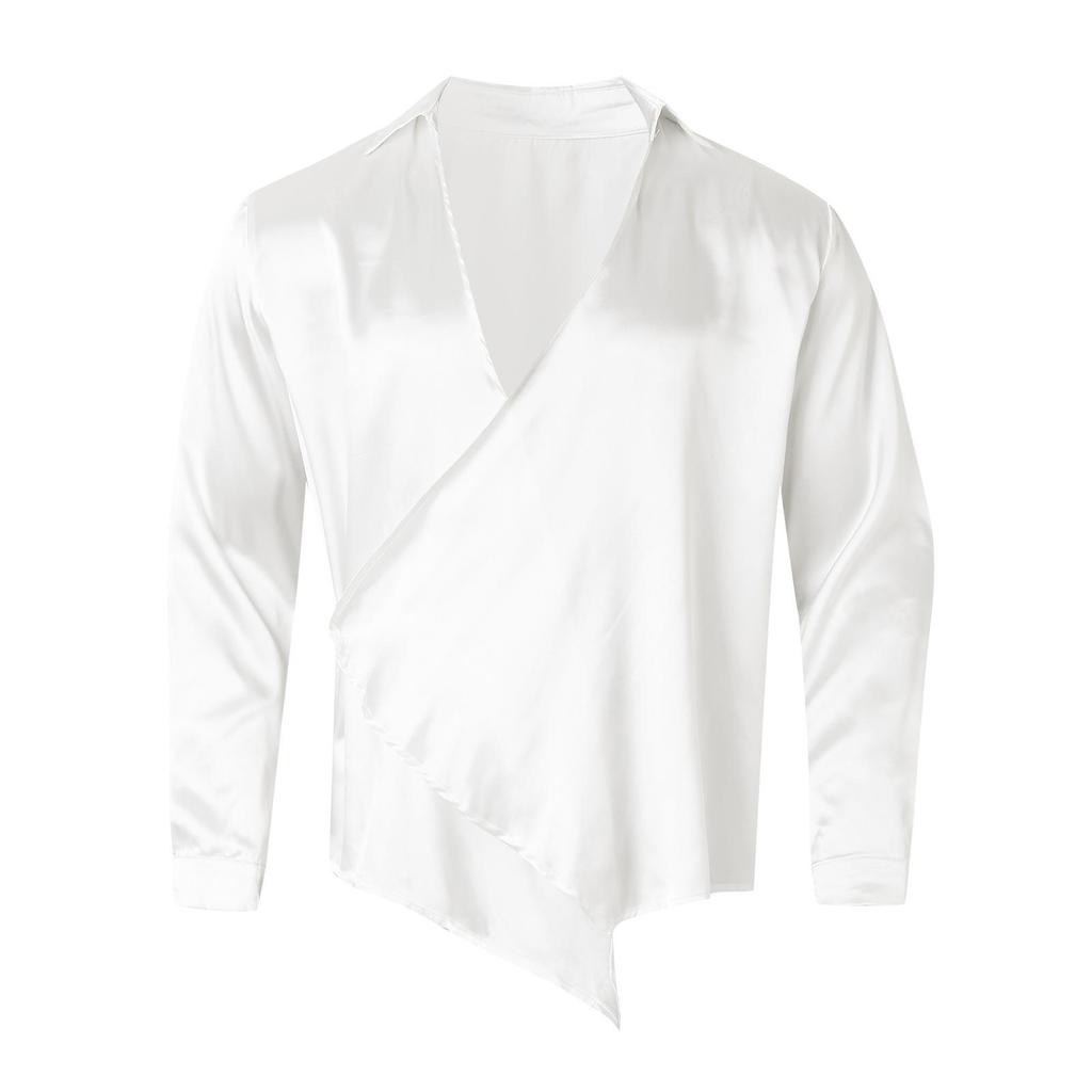 Camicie Autunnali in Seta con Drappeggio e Maniche Lunghe, Design Largo, Pigro e Sexy, Camicie Casual da Uomo