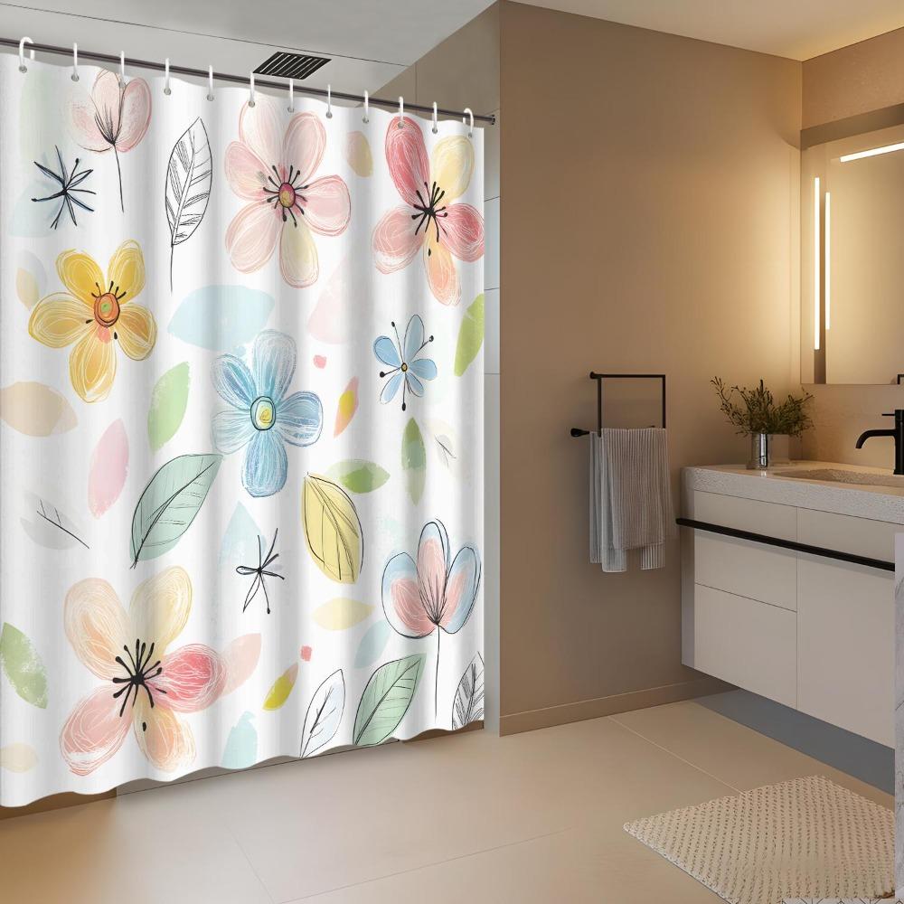 Colorful Floral Shower Curtain: Vibrant Flowers and Leaves for a Cheerful Bathroom Decor