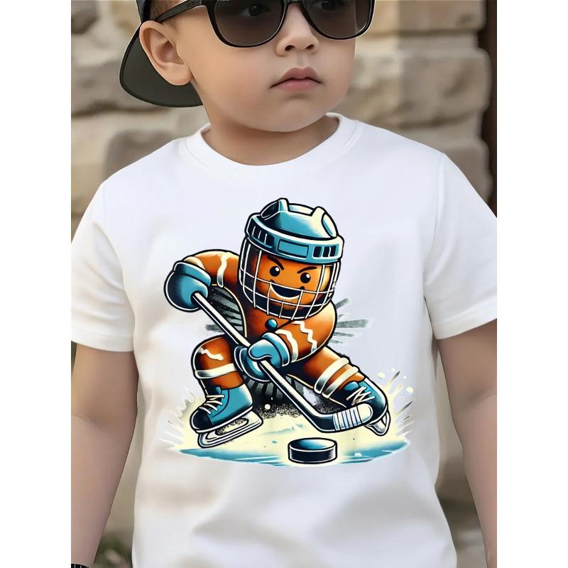 Boys Summer Crew Neck Short Sleeve T-Shirt with Cartoon Hockey Player Print