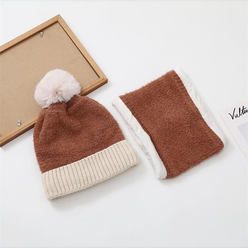 Autumn and Winter Women's Thickened and Velvet Versatile Wool Hat, Scarf, Two-piece Set, Casual Warm and Cold-proof Knitted Hat