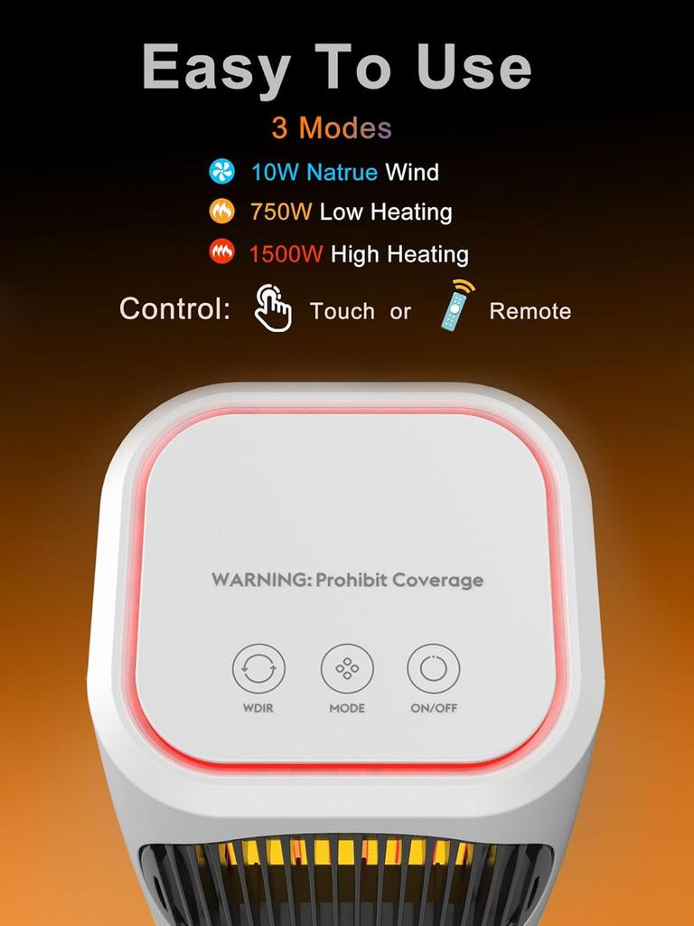 Portable 1500W Electric Heater with 3 Modes, Remote Control, Overheat Protection for Bedroom or Office Desk