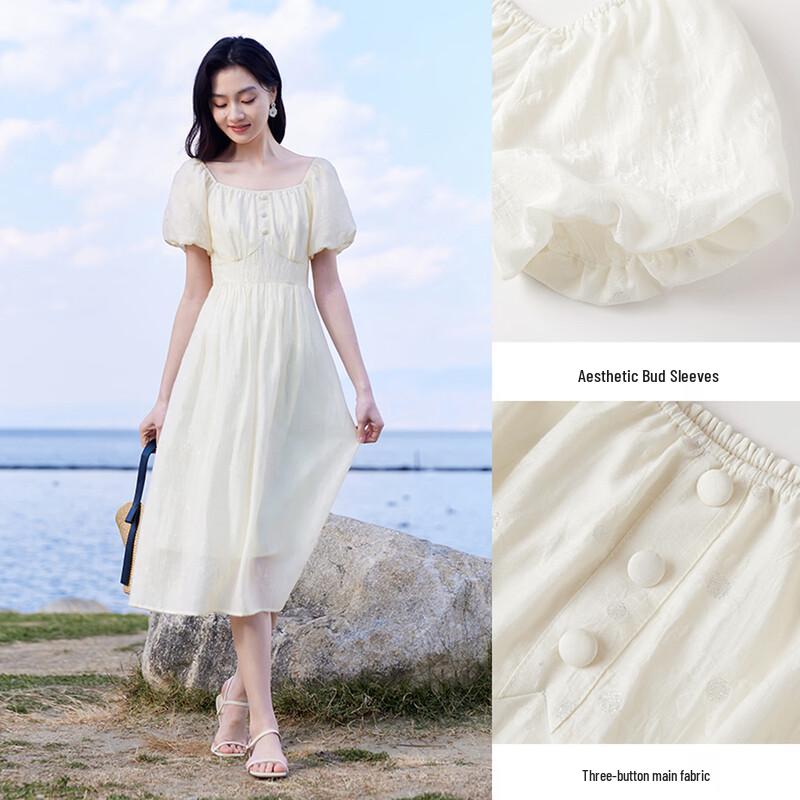 Xiangying Women's Bubble Sleeve Square Neck Textured High-Waist Dress