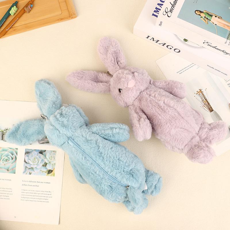 1Pc Cute Rabbit Shape Plush Pencil Case Plush Animal Stuffed Toy Stationery Pouch Makeup Bag Storage Bag School Supplies
