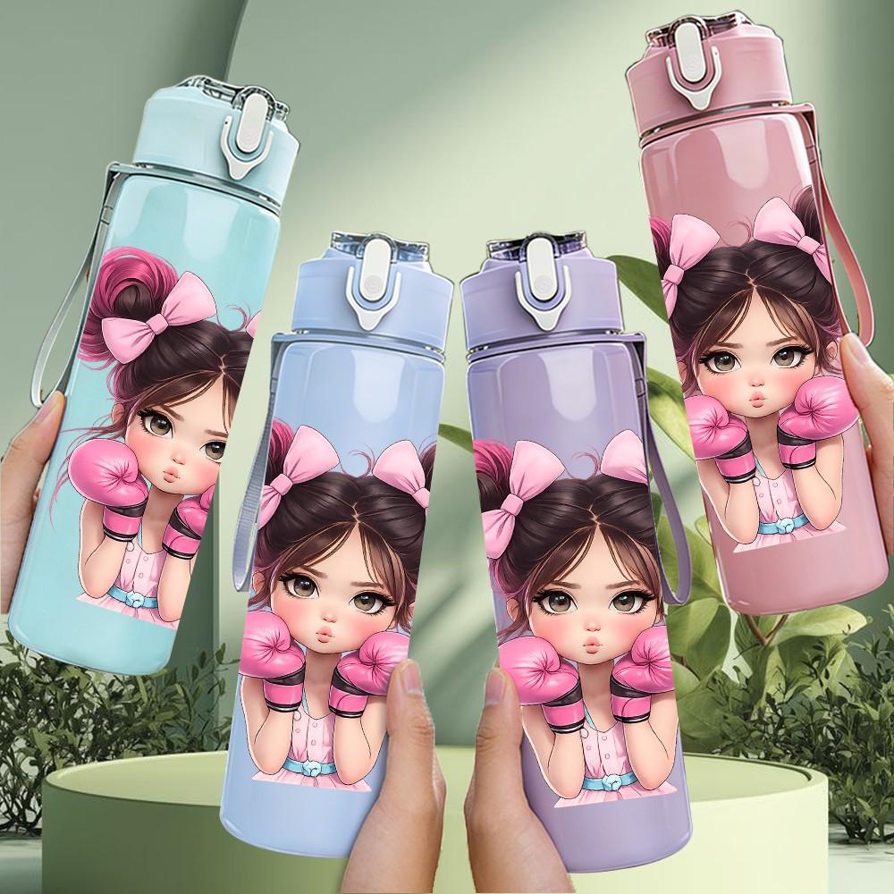 1PC Cute Girl Two Ponytails Portrait Print 750ml Color Plastic Sports Water Bottle Leakproof Flip Straw Lid Suitable for Sports Office Home Use