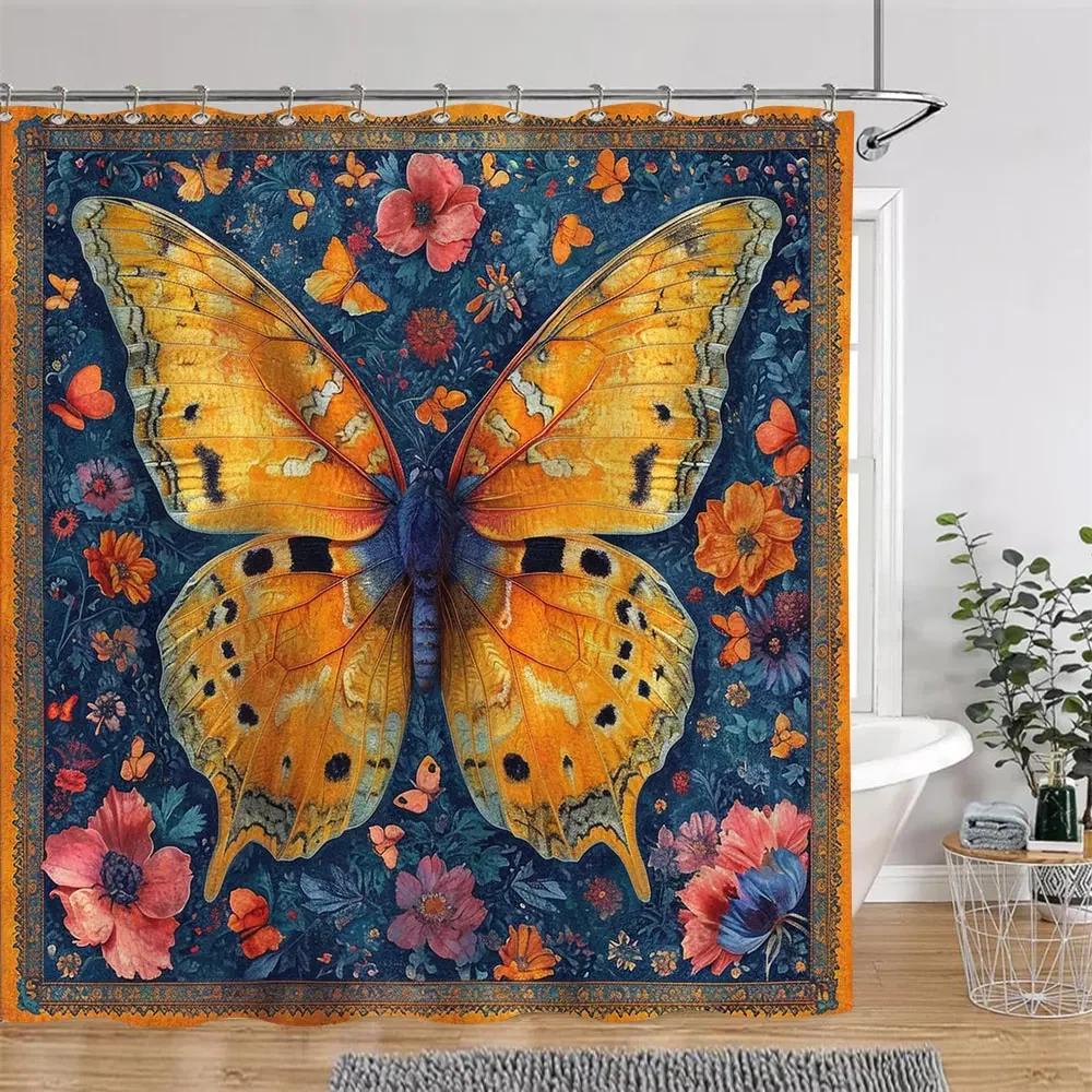 Bohemian Vintage Butterfly Shower Curtain Botanical Floral Astrological Insects Polyester Fabric Shower Curtains Bathroom Decor