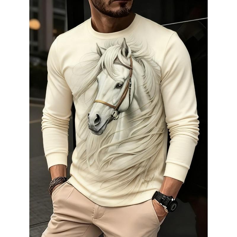 Men's T-Shirt Running Horse Graphic 3D Print Fashion Long Sleeve Crew Neck Tee Shirt Casual Summer Personality Men's Top