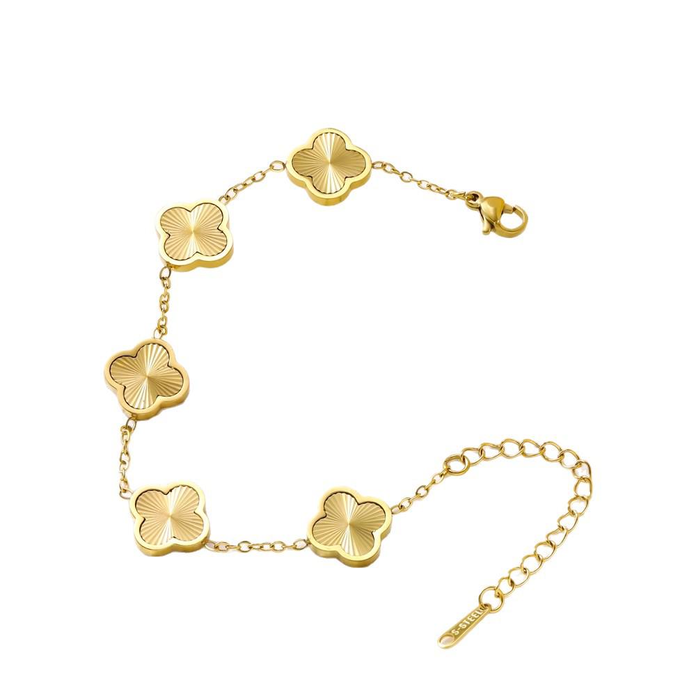18K Gold-Plated Four-Leaf Clover Titanium Steel Bracelet for Women - Elegant 13mm Frosted Design