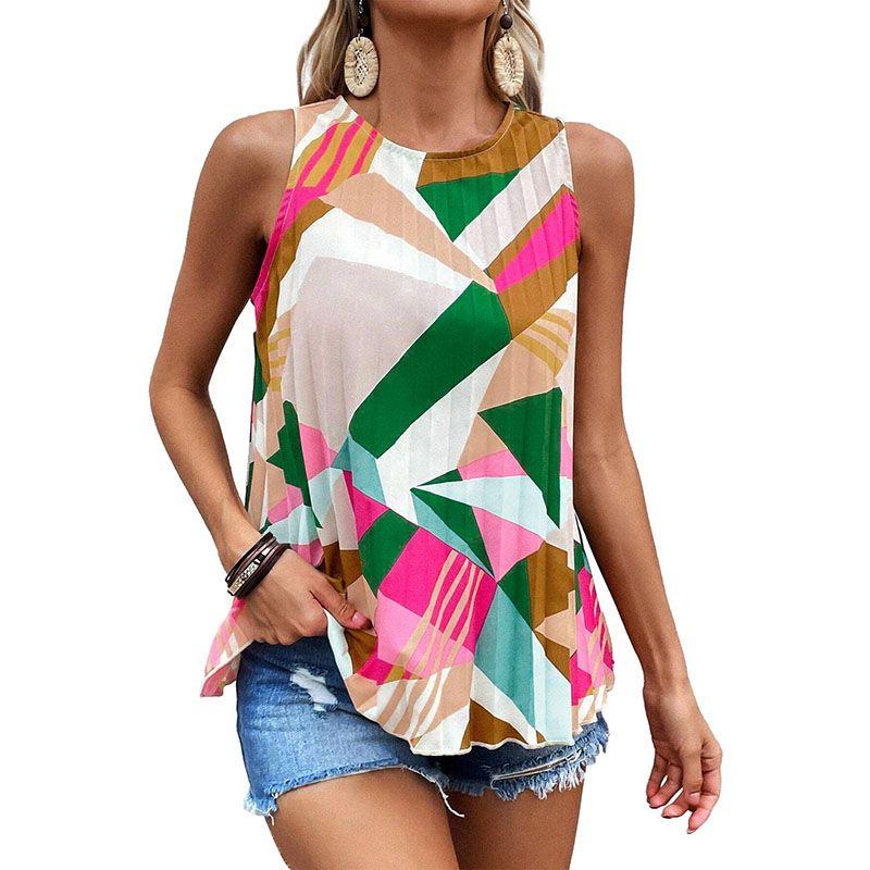 Summer New Arrival Geometric Print Pullover Sleeveless Tops Women 2025 European and American Leisure Loose Color Matching Outwear Vest Women