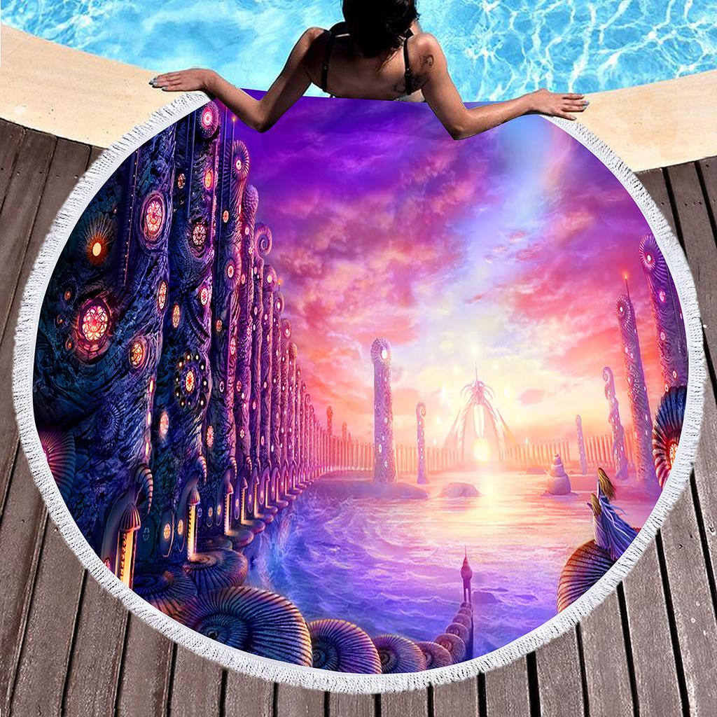 Purple Dreamy Scenery Print Round Beach Towel,Polyester Sand Resistant Beach Blanket,Absorbent Quick Dry Pool Towel Picnic Mat