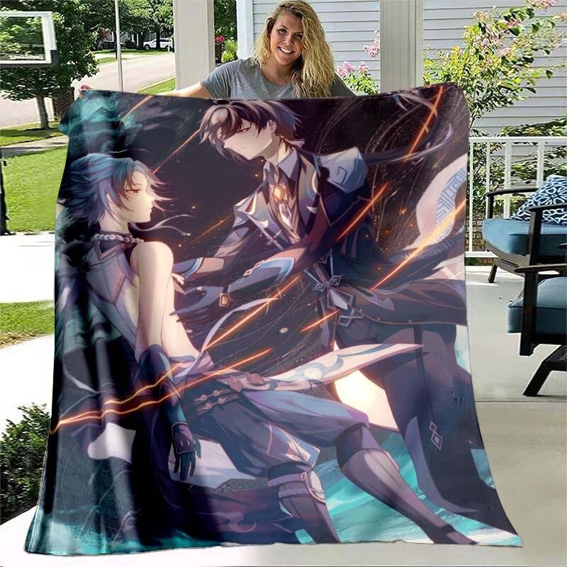 Game Genshin Impact Flannel Throw Blanket Gamer Cartoon Bedspread Smooth Soft Warm Gamer Gift Bed Sofa Home Bedroom Office Decor