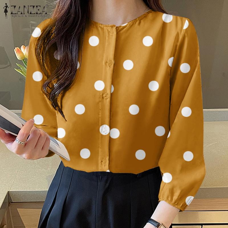 

ZANZEA Женская повседневная блузка с круглым вырезом и рукавами 3/4 с принтом в горошек