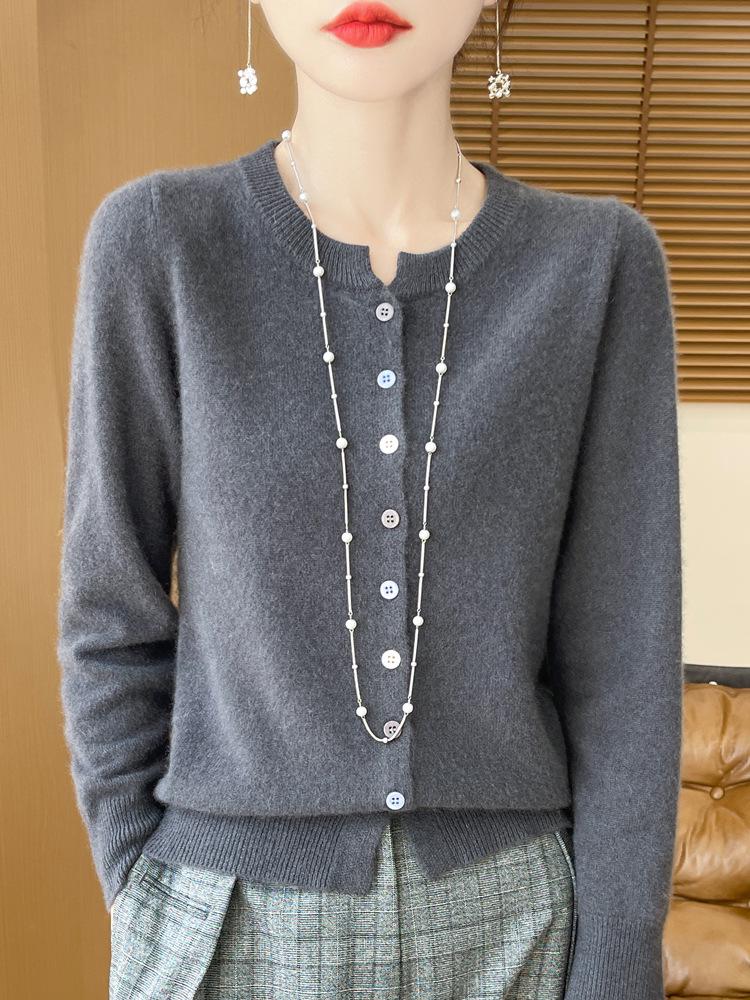 Women's 2024 Pure Wool Knit Cardigan - Round Neck, Long Sleeve, Versatile Base Layer