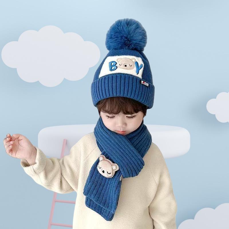 Autumn & Winter Kids' Knitted Bear Hat & Scarf Set - Warm Cotton for Boys & Girls
