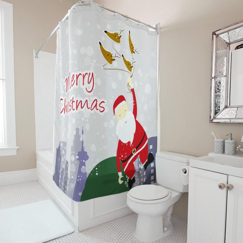TU Christmas Santa Claus Shower Curtain Festive Holiday Bathroom Decor Reindeer Pattern Waterproof Holiday Home Xmas Decoration