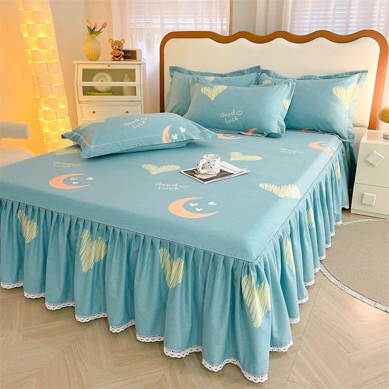 3pcs Printing Ruffled Edge Soft Comfortable Breathable Bed Skirt Set All-season Availability,  Mattress Cover, Printing Bedding Set, for Bedroom