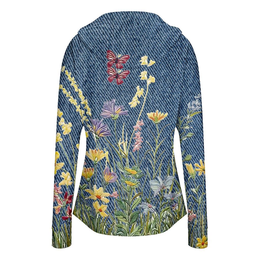 Women's Lightweight Zip Up Hoodie with Hood and Pockets Floral Print Long Sleeve Sun Protection Jacket Suitable for Outdoor Activities