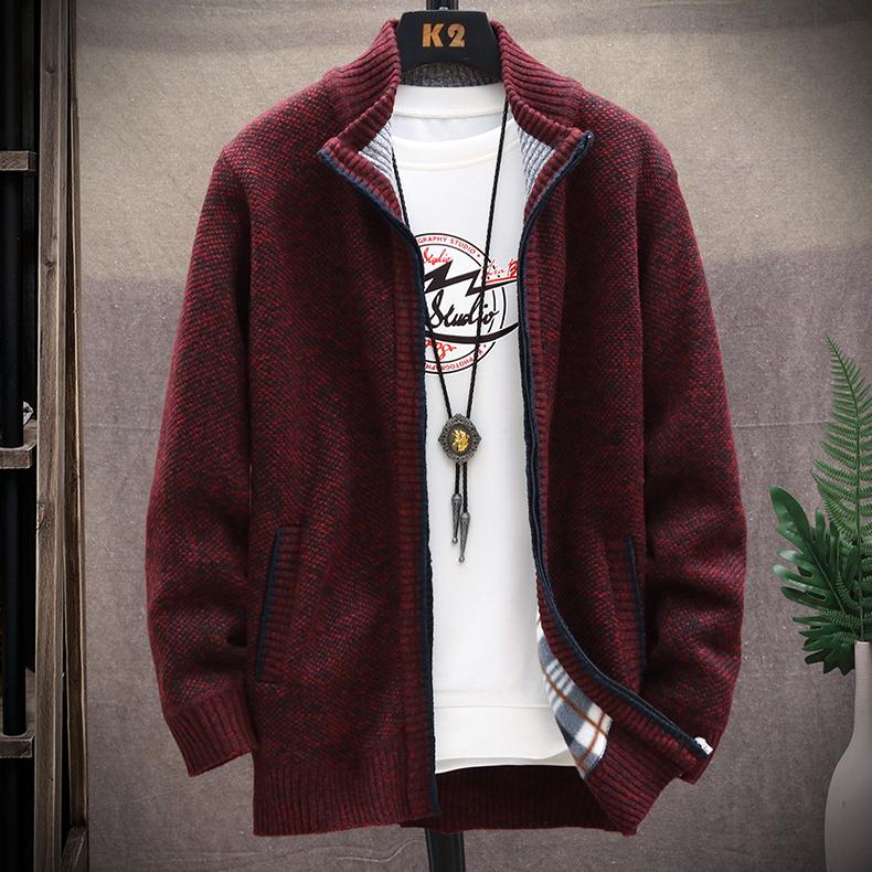 

Вязаный кардиган однотонный свитер мужской осенний пиджак с длинными рукавами на молнии теплый флисовый кардиган куртка XXXL винный