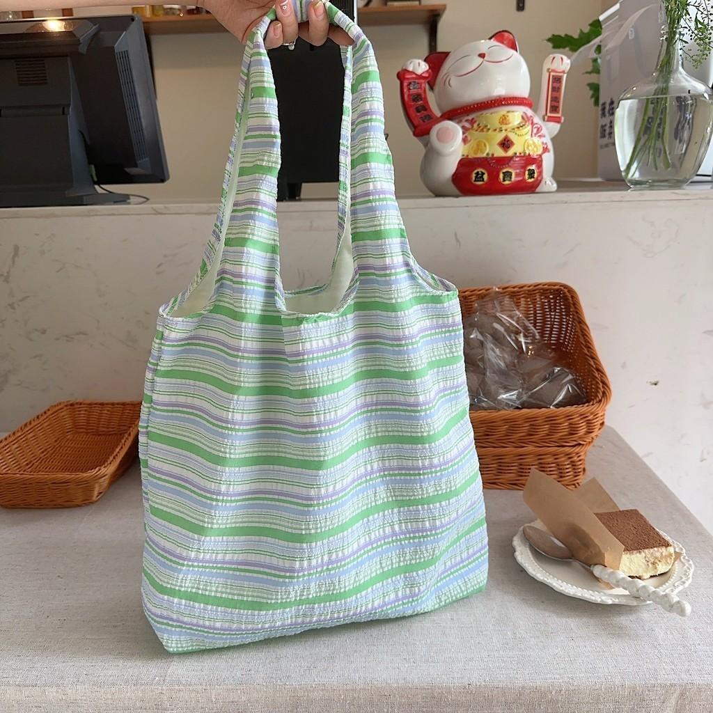 Stylish Dopamine Striped Canvas Tote Bag For Students Large Capacity Summer Handbag